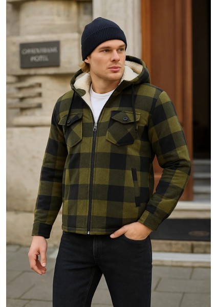 Erkek Oversize Peluş Kürk Kapşonlu Oduncu Ceket