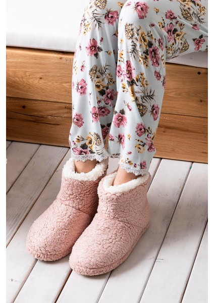 Kadın Panduf Ev Botu Kışlık Ev Ayakkabısı Efektli Yumuşak Sessiz Taban RED0001