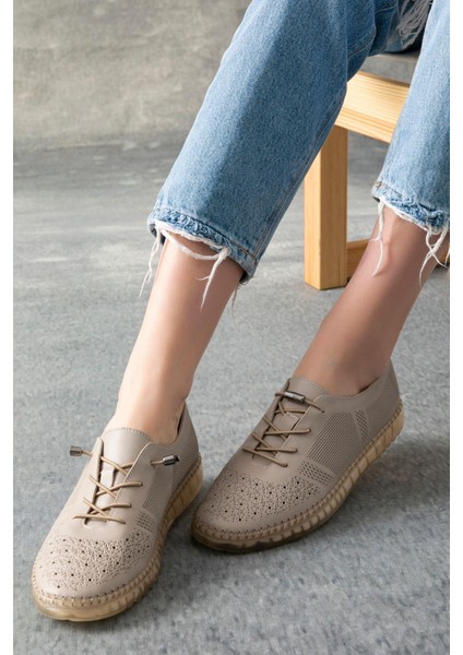 Napoca Hakiki Deri Krem Kadın Deri Babet