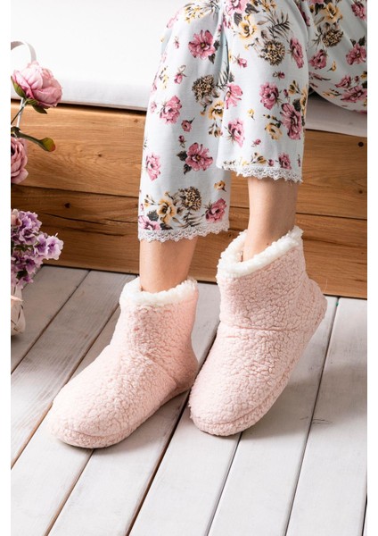 Kadın Panduf Ev Botu Kışlık Ev Ayakkabısı Efektli Yumuşak Sessiz Taban RED0001