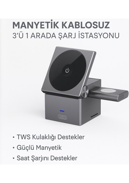 Manyetik Kablosuz 3’ü 1 Arada Şarj Istasyonu 15W Hızlı Şarj, Telefon, Kulaklık ve Akıllı Saat Uyumlu