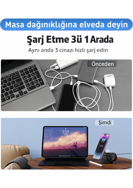 Manyetik Kablosuz 3’ü 1 Arada Şarj Istasyonu 15W Hızlı Şarj, Telefon, Kulaklık ve Akıllı Saat Uyumlu fiyatları