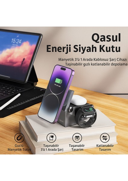 Manyetik Kablosuz 3’ü 1 Arada Şarj Istasyonu 15W Hızlı Şarj, Telefon, Kulaklık ve Akıllı Saat Uyumlu modelleri