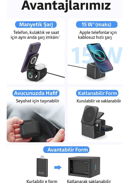 Manyetik Kablosuz 3’ü 1 Arada Şarj Istasyonu 15W Hızlı Şarj, Telefon, Kulaklık ve Akıllı Saat Uyumlu indirimleri