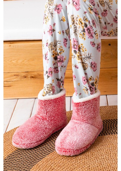 Kadın Panduf Ev Botu Kışlık Ev Ayakkabısı Efektli Yumuşak Sessiz Taban RED0001