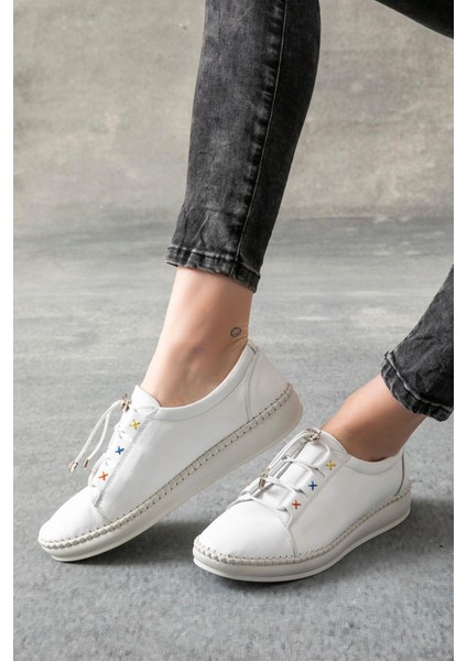 Rennes Hakiki Deri Beyaz Kadın Deri Babet