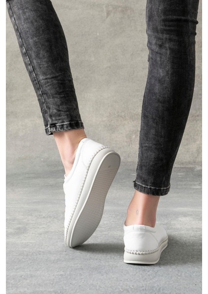 Rennes Hakiki Deri Beyaz Kadın Deri Babet modelleri