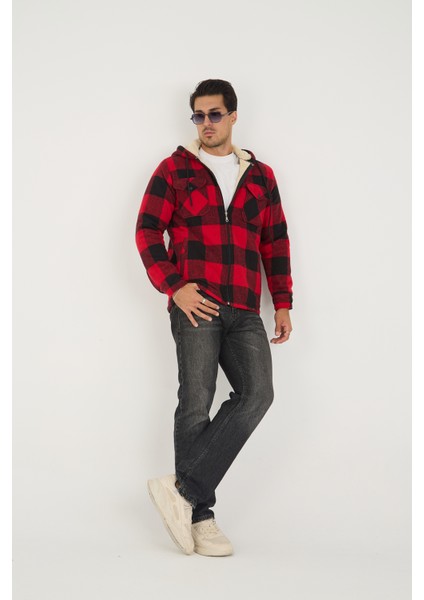 Erkek Oversize Peluş Kürk Kapşonlu Oduncu Ceket