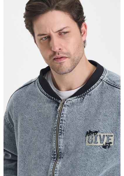 Erkek Basic Fermuarlı Oversize Kot Kolej Ceket