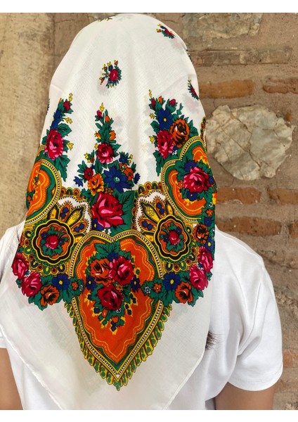 Mardin Yazması Çiçek Desenli Başörtüsü 100X100 cm – Çeyizlik ve Günlük
