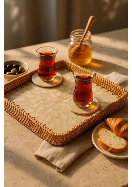 Sedef Işlemeli Kare Rattan Servis Tepsisi, El Yapımı, Krem Yaprak Desen, 28 cm fiyatları