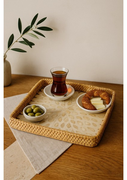 Sedef Işlemeli Kare Rattan Servis Tepsisi, El Yapımı, Krem Yaprak Desen, 28 cm modelleri