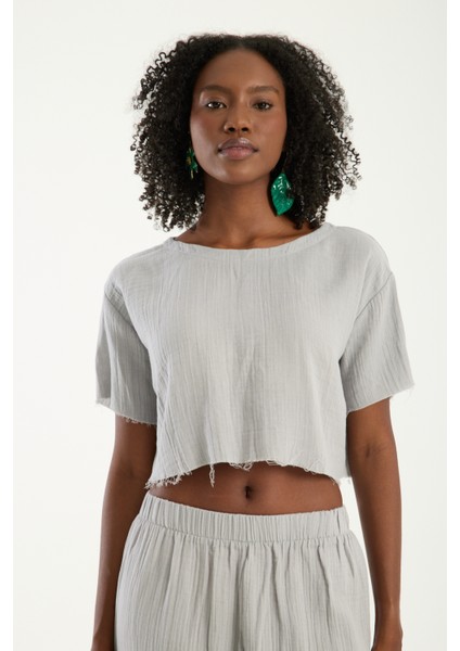Kadın Günlük Boho Tarz Gri Müslin Crop Bluz Modern Rahat Üst (S)