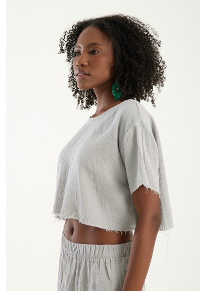 Kadın Günlük Boho Tarz Gri Müslin Crop Bluz Modern Rahat Üst (S) fiyatları