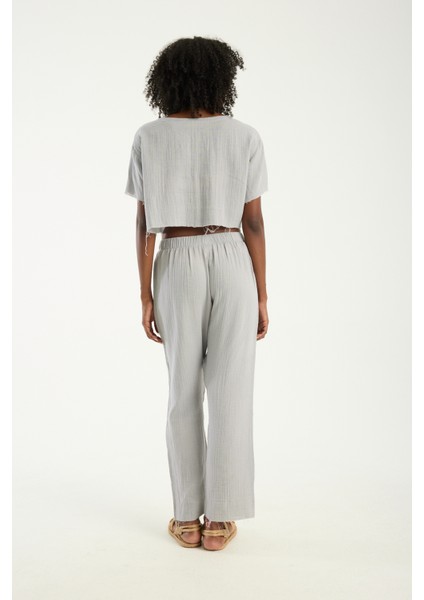 Kadın Günlük Boho Tarz Gri Müslin Crop Bluz Modern Rahat Üst (S) modelleri