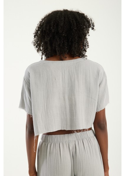 Kadın Günlük Boho Tarz Gri Müslin Crop Bluz Modern Rahat Üst (S) indirimleri