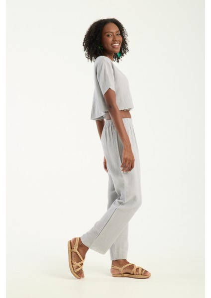 Kadın Günlük Boho Tarz Gri Müslin Crop Bluz Modern Rahat Üst (S)