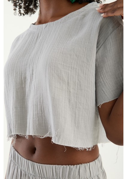 Kadın Günlük Boho Tarz Gri Müslin Crop Bluz Modern Rahat Üst (S)