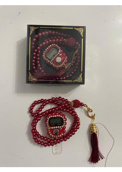 Mevlüt Bebek Hediyelik Taşlı Zikirmatik ve Inci Tesbih 99 Lu Set - Kırmızı Renk