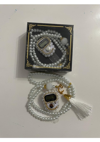 Mevlüt Bebek Hediyelik Taşlı Zikirmatik ve Inci Tesbih 99 Lu Set - Beyaz Renk