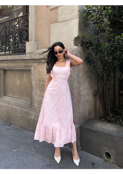 Sırtı Fiyonk Bağlama Detaylı Ithal Fisto Fırfır Detay Astarlı Midi Elbise