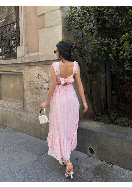 Sırtı Fiyonk Bağlama Detaylı Ithal Fisto Fırfır Detay Astarlı Midi Elbise fiyatları