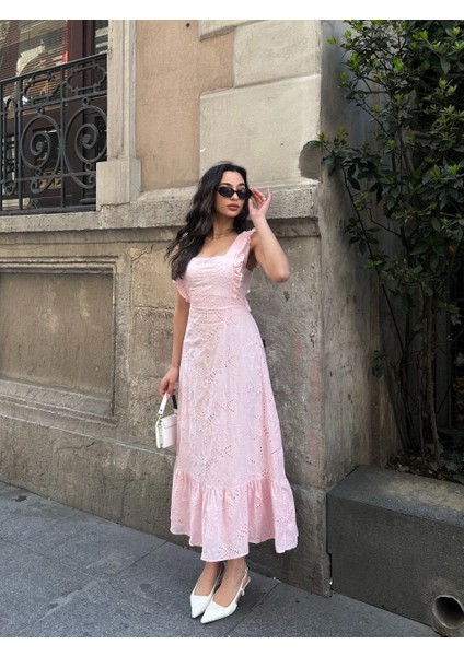 Sırtı Fiyonk Bağlama Detaylı Ithal Fisto Fırfır Detay Astarlı Midi Elbise fırsatları