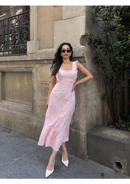 Sırtı Fiyonk Bağlama Detaylı Ithal Fisto Fırfır Detay Astarlı Midi Elbise indirimleri