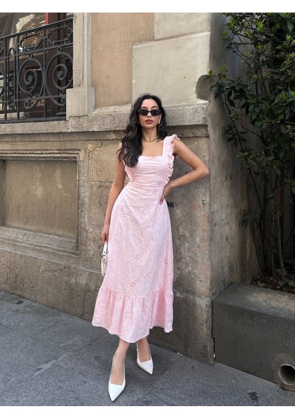 Sırtı Fiyonk Bağlama Detaylı Ithal Fisto Fırfır Detay Astarlı Midi Elbise