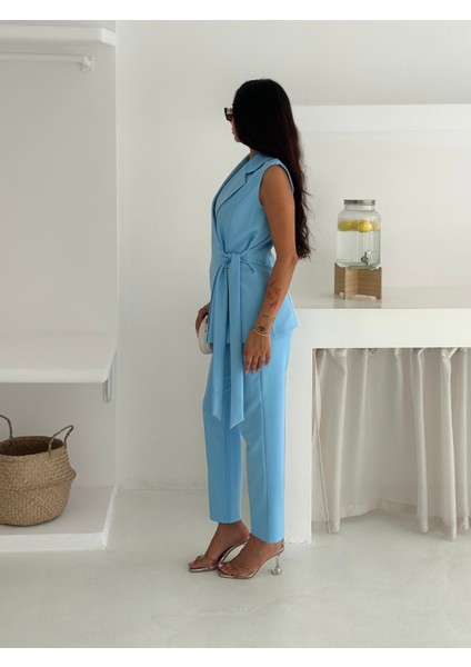 Açık Mavi Kuşak Bağlamalı Yelek Kemerli Havuç Pantolon Dokuma Kumaş Ikili Takım fırsatları