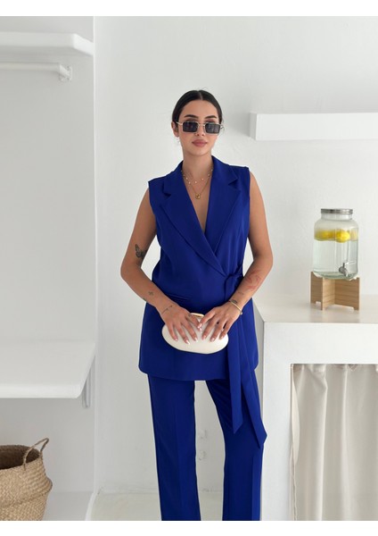 Saks Mavi Kuşak Bağlamalı Yelek Kemerli Havuç Pantolon Dokuma Kumaş Ikili Takım modelleri