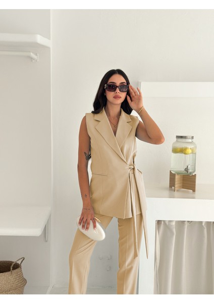 Krem Kuşak Bağlamalı Yelek Kemerli Havuç Pantolon Dokuma Kumaş Ikili Takım modelleri
