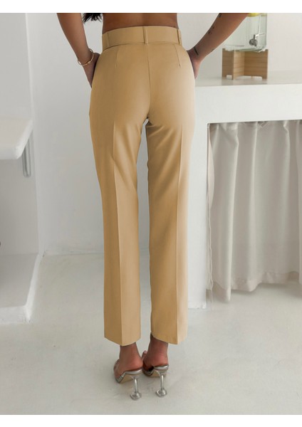 Krem Kuşak Bağlamalı Yelek Kemerli Havuç Pantolon Dokuma Kumaş Ikili Takım indirimleri