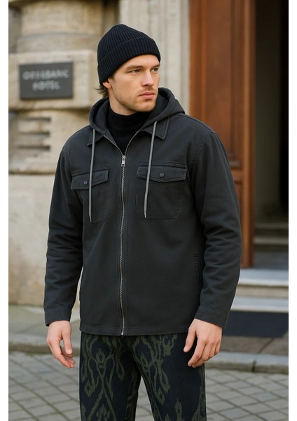 Erkek Basic Oversize Esnek Kapşonlu Füme Ceket