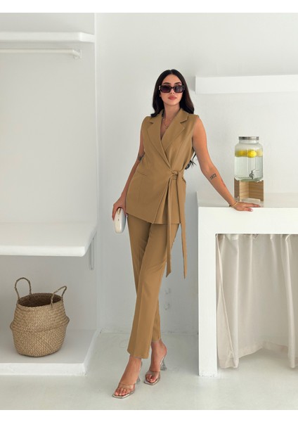 Vizon Mavi Kuşak Bağlamalı Yelek Kemerli Havuç Pantolon Dokuma Kumaş Ikili Takım