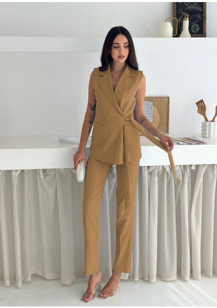 Vizon Mavi Kuşak Bağlamalı Yelek Kemerli Havuç Pantolon Dokuma Kumaş Ikili Takım fiyatları