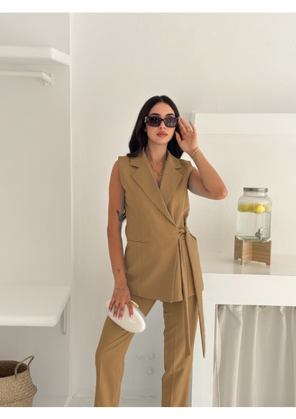 Vizon Mavi Kuşak Bağlamalı Yelek Kemerli Havuç Pantolon Dokuma Kumaş Ikili Takım modelleri