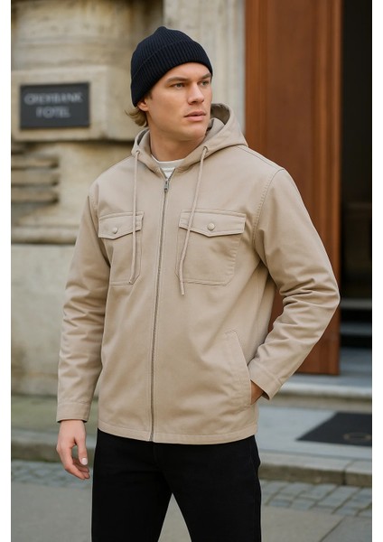 Erkek Basic Oversize Esnek Kapşonlu Krem Ceket