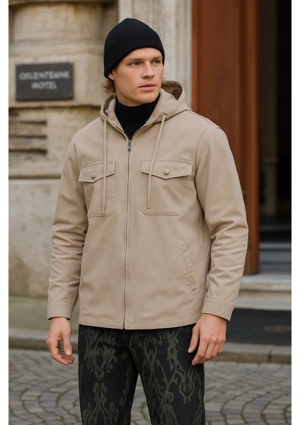 Erkek Basic Oversize Esnek Kapşonlu Krem Ceket fiyatları