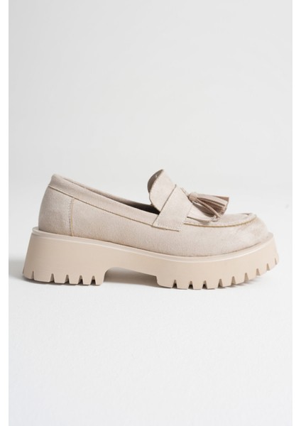 Melora Premium Kadın Günlük Bej Süet Loafer Ayakkabı