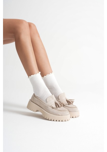 Melora Premium Kadın Günlük Bej Süet Loafer Ayakkabı fırsatları