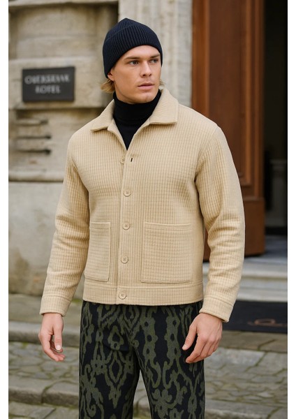 Erkek Basic Salaş Mevsimlik Krem Bol Esnek Ceket