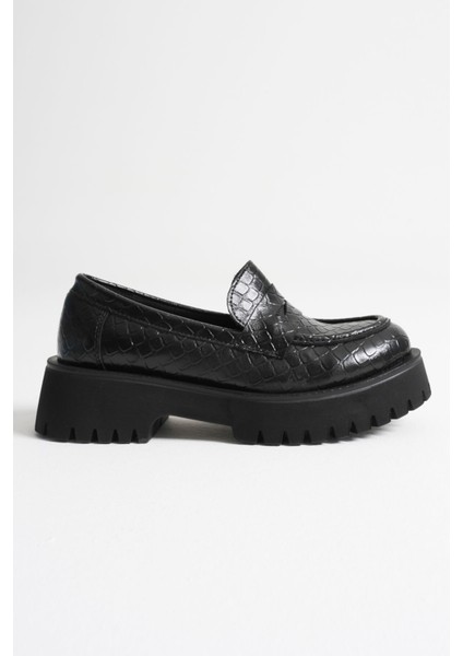 Savana Premium Kadın Günlük Siyah Kroko Loafer Ayakkabı