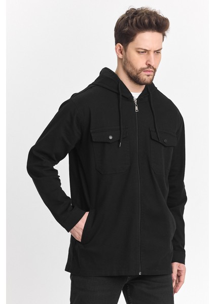 Erkek Basic Oversize Esnek Kapşonlu Siyah Ceket