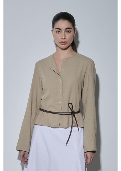 Bej Lizi Keten Gömlek