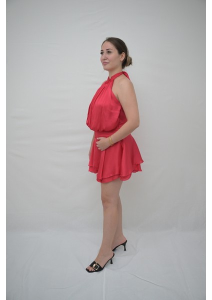 Kırmızı Halter Yaka Pileli Mini Elbise modelleri