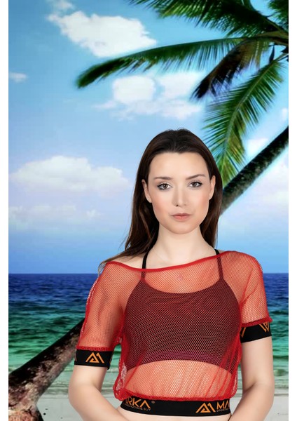 File Kollu Kırmızı Pareo Mayo Üstüne Giyilebilirmodel 109