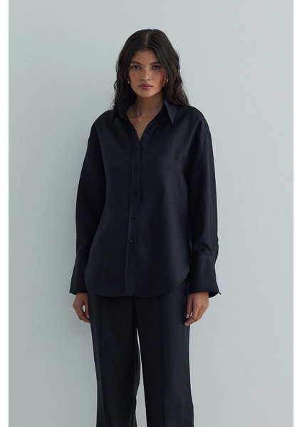 Siyah %100 Keten Tina Cepli Basic Gömlek