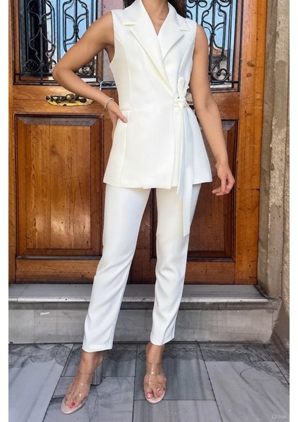 Beyaz Kuşak Bağlamalı Yelek Kemerli Havuç Pantolon Dokuma Kumaş Ikili Takım fiyatları