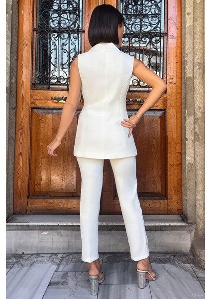 Beyaz Kuşak Bağlamalı Yelek Kemerli Havuç Pantolon Dokuma Kumaş Ikili Takım modelleri